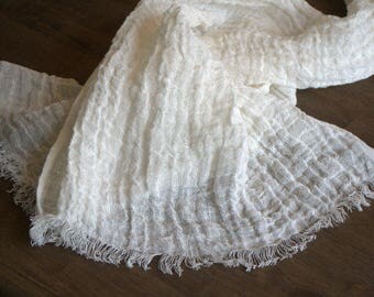 NEW! Crinkle Linen Wrap, Linen Scarf/Shawl 74" x 22" (188cm x 61cm) Organic Flax Linen, Fringed Ends, Wedding, Ready to Ship