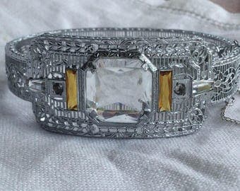 Art Deco J.H Peckham Rhodium Filigree Bracelet Large Rhinestone