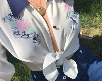Vintage 80s Embroidered Button-Up Blouse Size Small