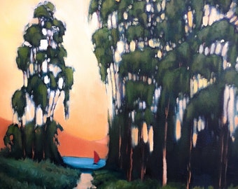 Original Oil Painting, Painting of Trees, sunset painting, painting of boat, yellow painting,original landscape painting, oil landscape