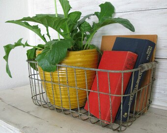 Farmhouse Decor - Rustic Wire Basket with Wood Handles- 17" x 10.25" x 7" deep Aged Farm Basket, Farmhouse Kitchen Baskets