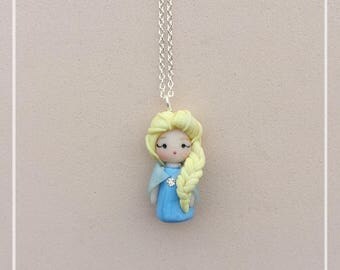 ELSA Frozen Fimo Polymer Clay Dolls Disney Princess Mini Chibi Kawaii Necklace-The snow queen Kingdom Ice Silver 925