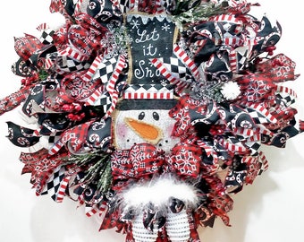 Let It Snow Christmas Snowman Wreath, Fur and Bow Rhinestone Mittens, Top Hat, Deco Snow Mesh, Berries, Pine, Winter, Scarf, Snowballs, Red