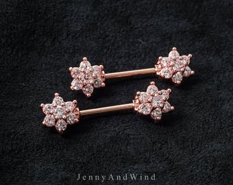 nipple ring 14g nipple jewelry nipple barbell rose gold silver flower 1 piece ~2N03