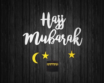 Hajj mubarak letters with kaaba and decoration