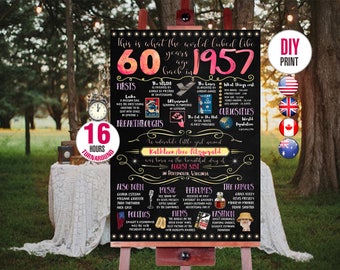 60th birthday gift for woman - 1957 Birthday Chalkboard Poster, Personalized and Printable, 001_60