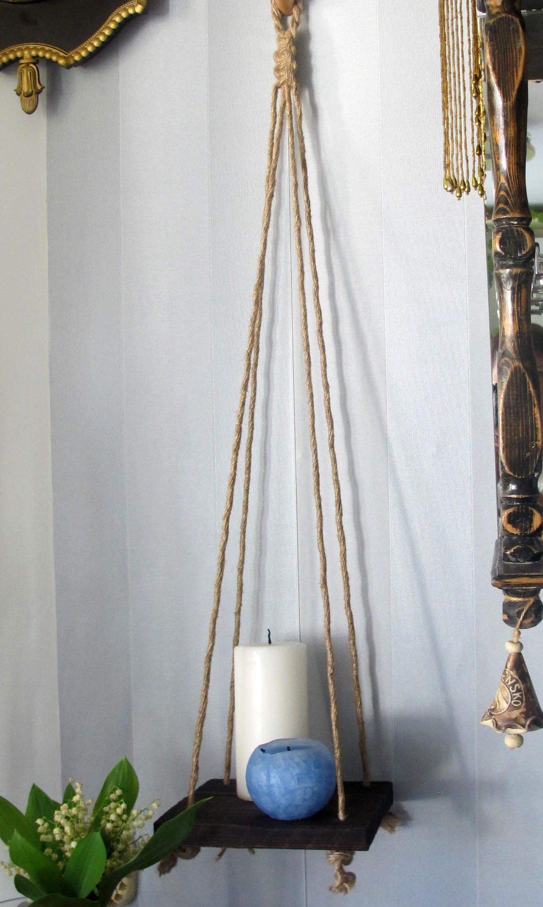 Rustic Rope Hanging Shelf Wooden Wall Shelf Reclaimed Wood