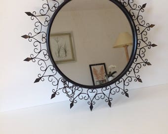Black iron, syroco mirror Chaty Vallauris Sunburst mirror