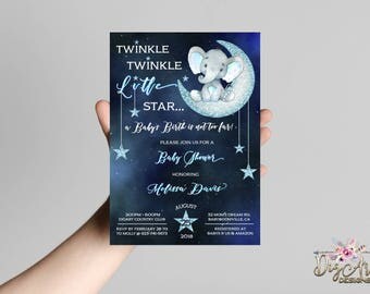 Twinkle Twinkle Little Star Baby Shower Invitation Printable Elephant Baby Shower Invitation Set Navy Blue Silver Boy Baby Shower Invite