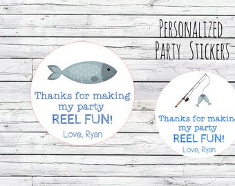 Personalized Fishing Rod Pole Stickers "REEL FUN" Party Favor Labels, Fish, Thank You Labels, 1st Birthday, Goodie Bag Labels