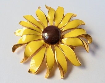 Vintage Enamel Sunflower Pin Brooch, Yellow Enamel Fancy Petals Brown Domed Center Gold Tone flower Brooch, Floral Figural Brooch, 1970s'