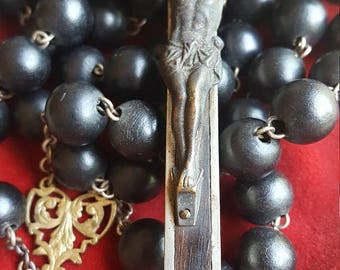 SAVE 30% Large Antique Spanish Rosary Wall Rosary Catholic Jewelry Black Rosary Catholic Gift Crucifix with Skull