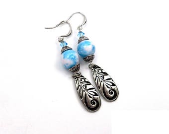 Earrings in blue and pink jade and sequins, silver plated brass oval leaves, retro vintage