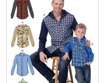 Sewing Pattern for Men's and Boys' Button-Down Shirts with Hood or Collar, McCall's Pattern 7447, New, Matching Father-Son Shirts, Hooded