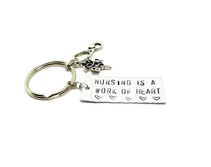 Nursing is a Work of Heart Hand Stamped Key Chain, Gift for Nurses, Nurse Keychain, Stethoscope Charm, Caduceus Charm Key Chain