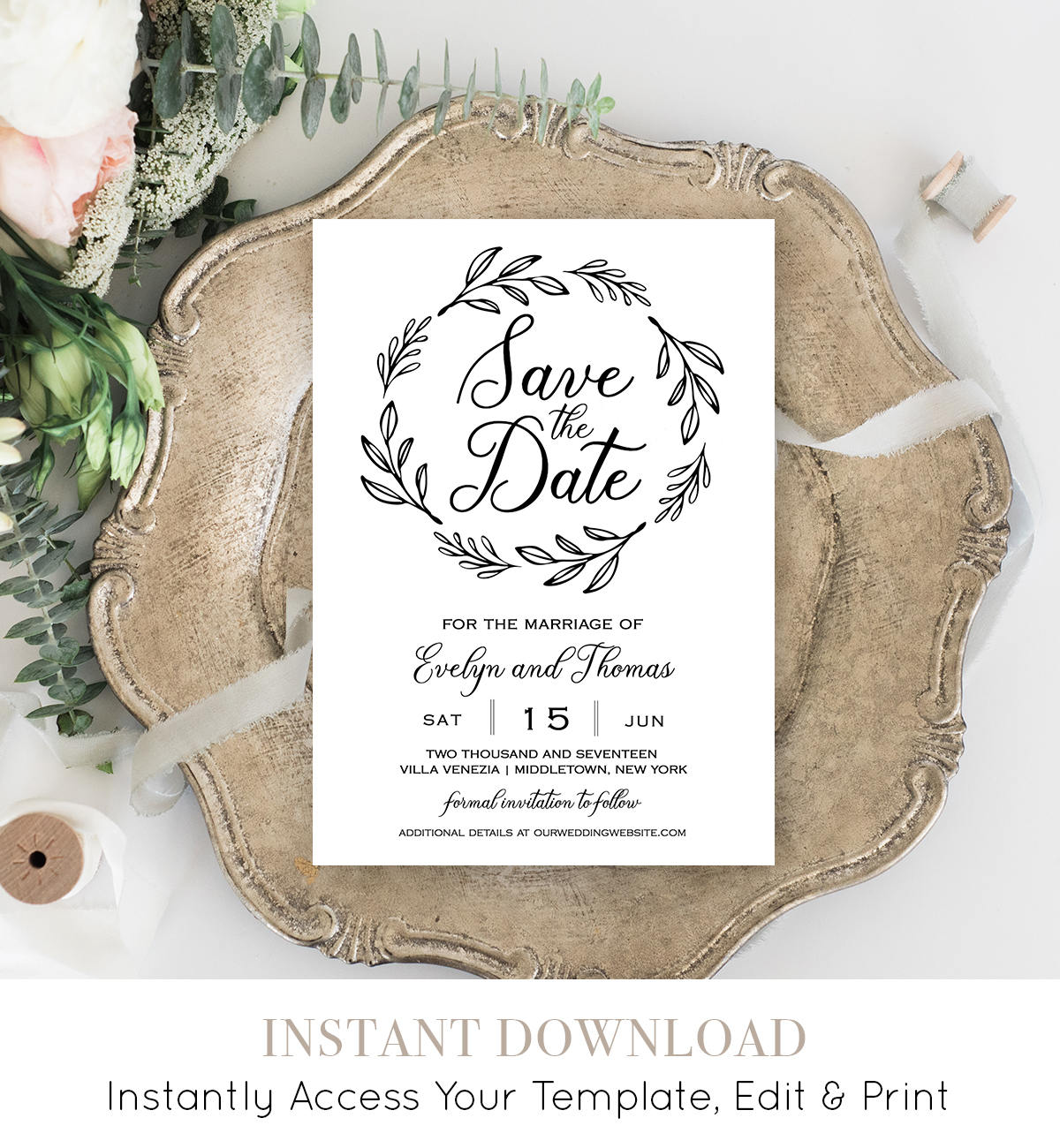 Save the Date Template, Printable Wedding Date Card, Rustic Wedding