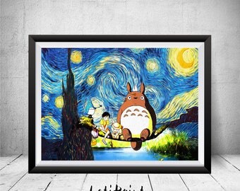 Totoro Print, My Neighbor Totoro Art, Starry Night Print, Totoro Poster, Van Gogh, Totoro Wall Art Decor, Totoro Art, Movie Poster, Prints