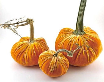 Orange Velvet Pumpkins with Real Pumpkin Stems Fall Home Decor Thanksgiving table Centerpiece Hostess Gift Mom Gift Autumn Home Decor