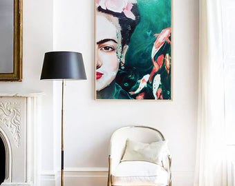 Frida Kahlo PRINT, Frida Kahlo Poster, Wall Art, Green Decor, Abstract Painting, Frida Art, Portrait, Retro Art, Oversized Wall Art
