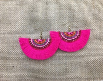 Handmade Women Jewelry Boho Tassel Earring With Embroidered Fabric
