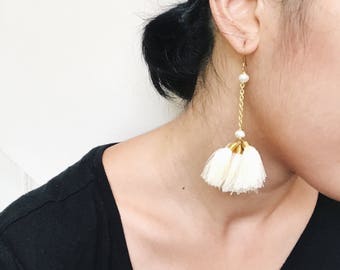 Cream, Beige, Ivory Long fluff tassel earrings boho hippie gypsy style