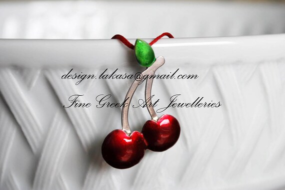Red Enamel Cherries Necklace Sterling Silver Handmade Jewelry Fruit Juicy Girl Summer Collection Moda Pretty Woman Idea Mediterranean Greece
