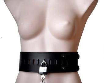 PREMIUM LOCKING Bondage Waist Trainer Leather Restraint Belt Corset bdsm heavy duty Mercy Industries Including Laminated Padlock S-L Blt2Blk