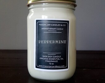 Peppermint Candle, Christmas Candle, Mint Candle, Essential Oil Candle, Mason Jar Candle, Soy Candle, Scented Candle, Vegan Candle