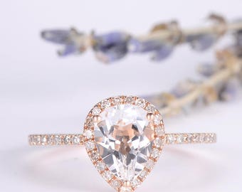 Pear Shaped Engagement Ring Rose Gold White Topaz Bridal Set Wedding Gift Anniversary Promise Birthstone Halo Diamond Eternity Multistone