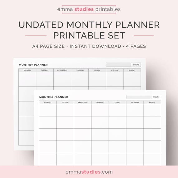 undated monthly planner calendar printable student organiser