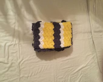 Crochet Baby Blanket-Travel/Stroller/Crib/Car Seat/Yellow-White-Denim/Denim Ruffle Border