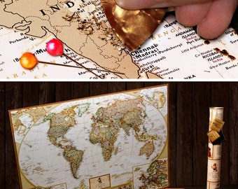 Scratch off Map - Scratch off Map with Push-Pins - World Scratch Off Map - Large Travel Map - Unique gift for friend - Gold Scratch off Map