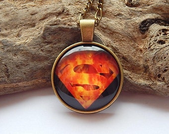 Superman Pendant necklace jewelry keychain, Glowing Fire superman logo, Super Hero Jewelry, superman simbol emblem patch, superman cufflinks
