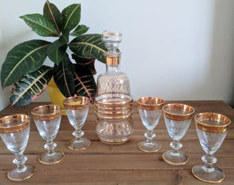 Hollywood Regency Gold Decanter and Cup Set | Bar Ware