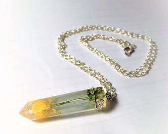 Creeping Buttercup Necklace Yellow Resin Real Flower Pendant Crystal Silver Chain Gift Jewelry **MAKE TO ORDER**
