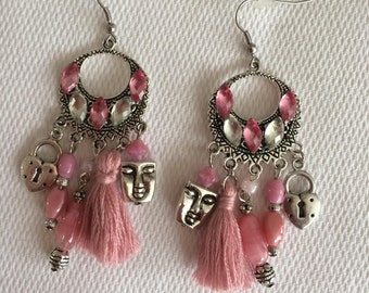 pierced with Rhinestones and pink beads earrings