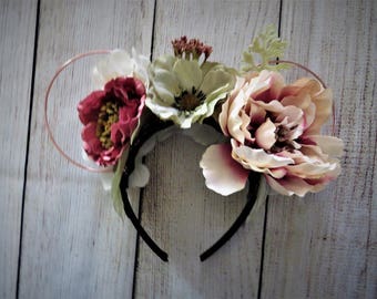 Rose Gold Wire Disney Ears | Mickey Ears | Minnie Ears | Lighted Wire Floral Mouse Ears | Peony Headband | Disney Handmade Accessories