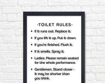funny toilet print toilet sign bathroom print toilet rules black and white print monochrome funny minimalist print