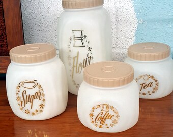 Lot De 4 Bidons En étain Vintage – Fraise, Farine, Sucre, Café/thé – Années 60