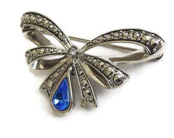 Faux Marcasites Bow Brooch with Dangle Blue Rhinestone Vintage by AVON