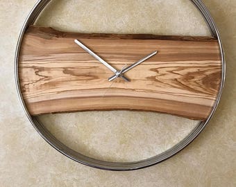 Steel and Olive wood modern wall clock