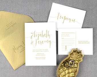 elegant gold wedding invitations, modern gold wedding invitation, script lettering , gold and white wedding invitation, printed invitations