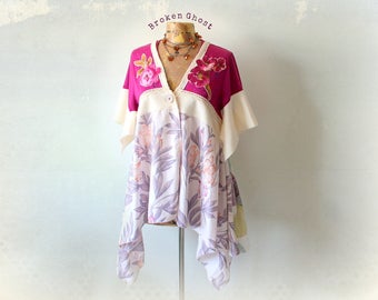 Bohemian Tunic Cardigan Top Purple Gypsy Shirt Wearable Art Clothing Upcycled Top Layered Clothes Mori Girl Stevie Nicks Shirt M 'MARLENA