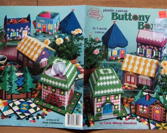 1998 plastic canvas pattern Buttony Boxes tissue box cover coaster box treasure boxes all with buttons on them