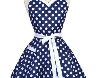 Sweetheart Retro Apron - Nautical Navy Blue White Polka Dot Womens Pinup Flirty Kitchen Apron with Pocket to Personalize or Monogram