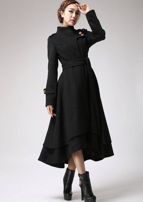 Wool coat women black coat long coat warm jacket layered