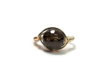 LG Faceted Smokey Quartz Ring 14k Yellow Gold Fill Wire Wrapped Ring