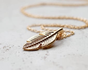 Tiny Gold Feather Necklace, Small Golden Charm, Whimsical Boho Jewelry