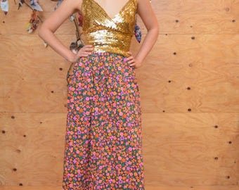 Vintage 60s Boho Gypsy Bright Floral MOD Maxi Skirt In Hot Pink Size S