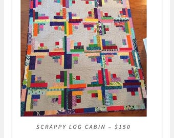 Scrappy Log Cabin Patchwork Quilt Bright Colorful Blue Green